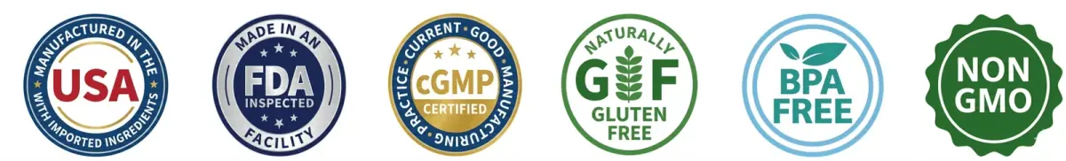 FDA Registered, GMP Certified, Non-GMO, Made in USA, Money-Back Guarantee, and 100% Natural Ingredients quality badges.