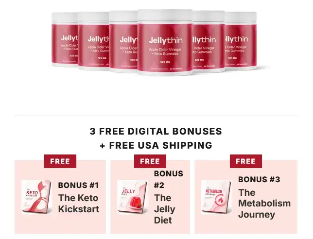 JellyThin 6 bottles bundle package with 3 free digital bonus eBooks including The Keto Kickstart, The Jelly Diet, and The Metabolism Journey with free USA shipping.