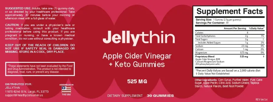 JellyThin Apple Cider Vinegar Keto Gummies product label. Shows supplement facts, 525 mg proprietary blend chart, ingredients, and suggested use for premium dietary gummies assembled in the USA.