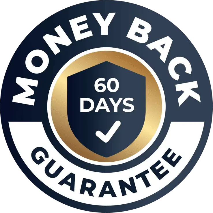 JellyThin 60 days money back guarantee official trust seal badge. Features a gold and navy circular shield design providing purchase protection for supplement buyers in the USA.